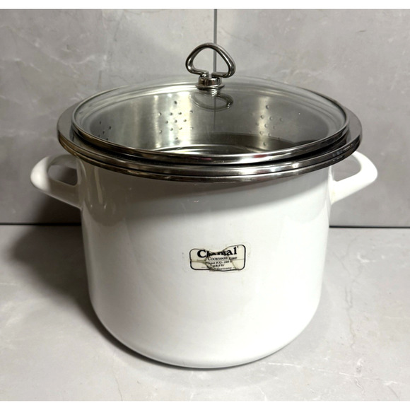 Vintage Chantal 9 Qt Stockpot w/ Steamer Insert #33-240S White Enamel Germany - Picture 1 of 10